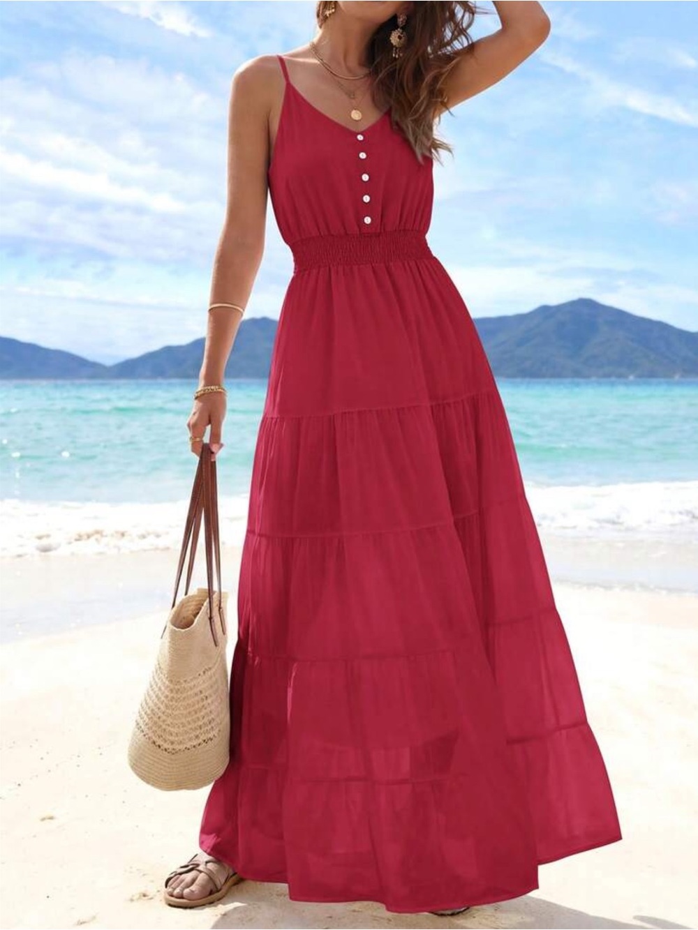 Sleeveless Red Maxi Dress with Smocked Waist